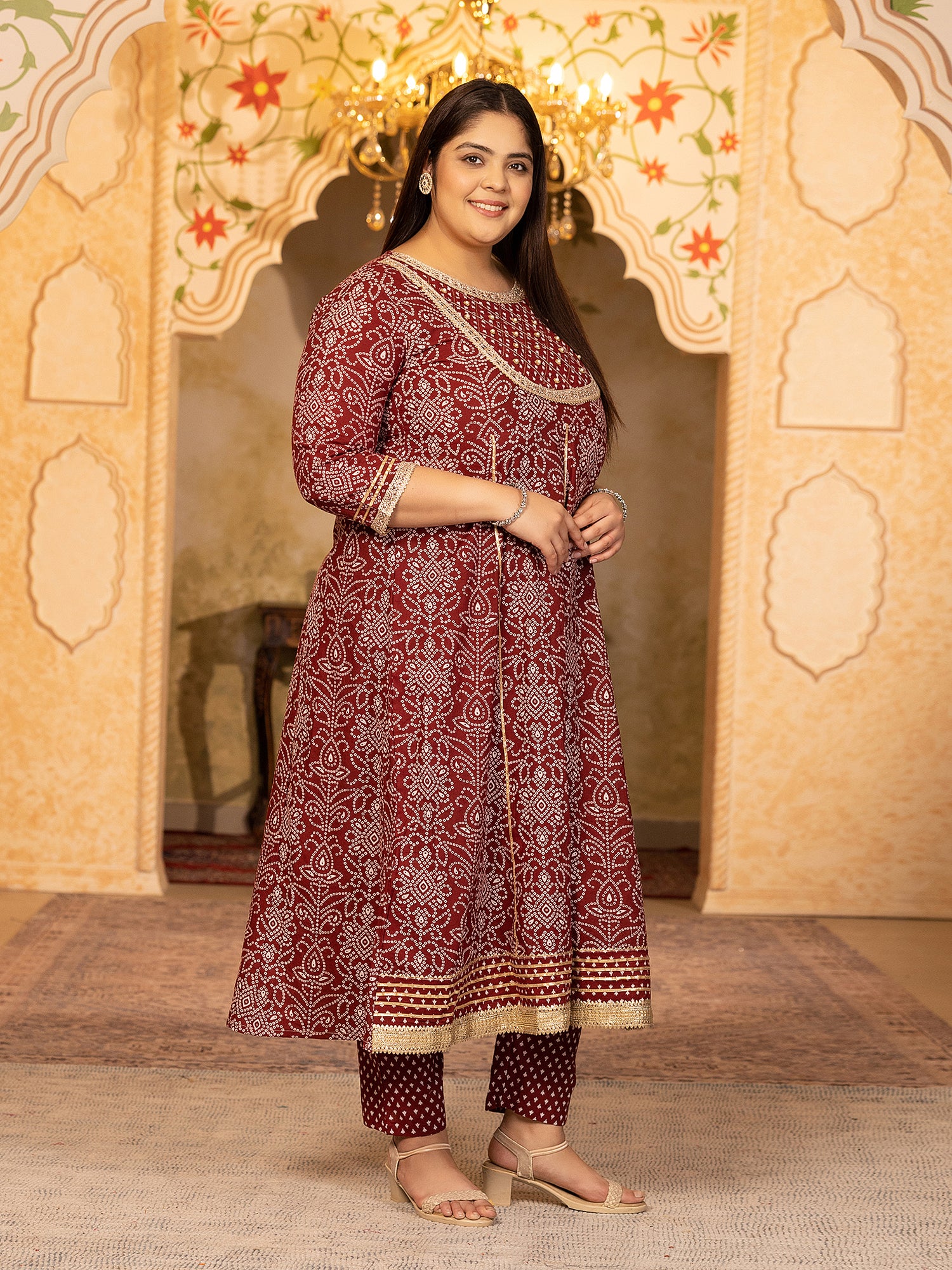 MEERA FAB Plus Size Printed Pure Cotton Anarkali Handwork Kurta with Palazzos & Dupatta