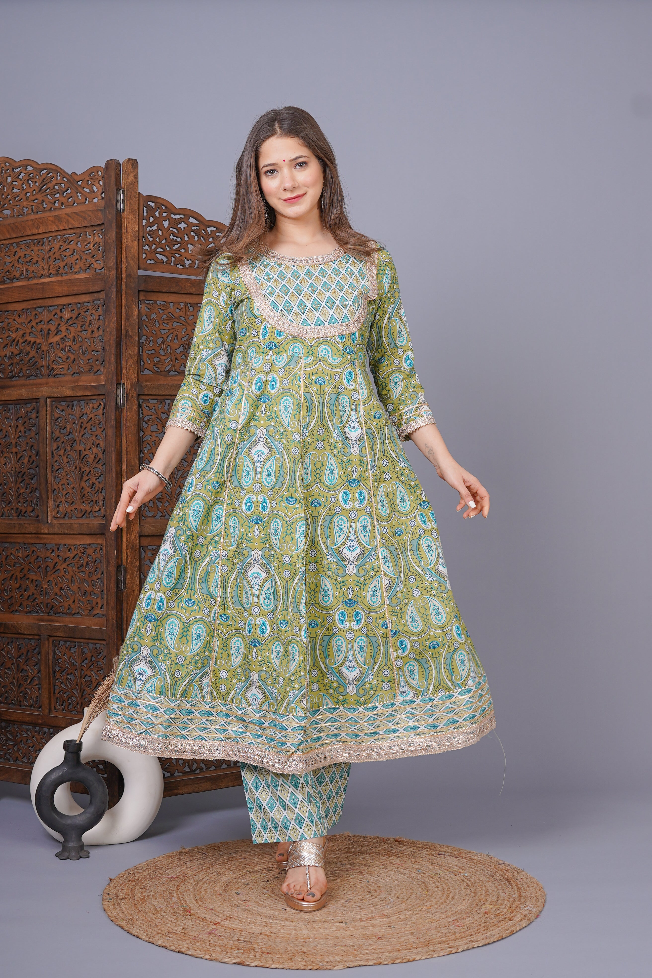 MEERA FAB Women's Cotton Printed Anarkali Kurta With Palazzo & Dupatta Set With Handwork
