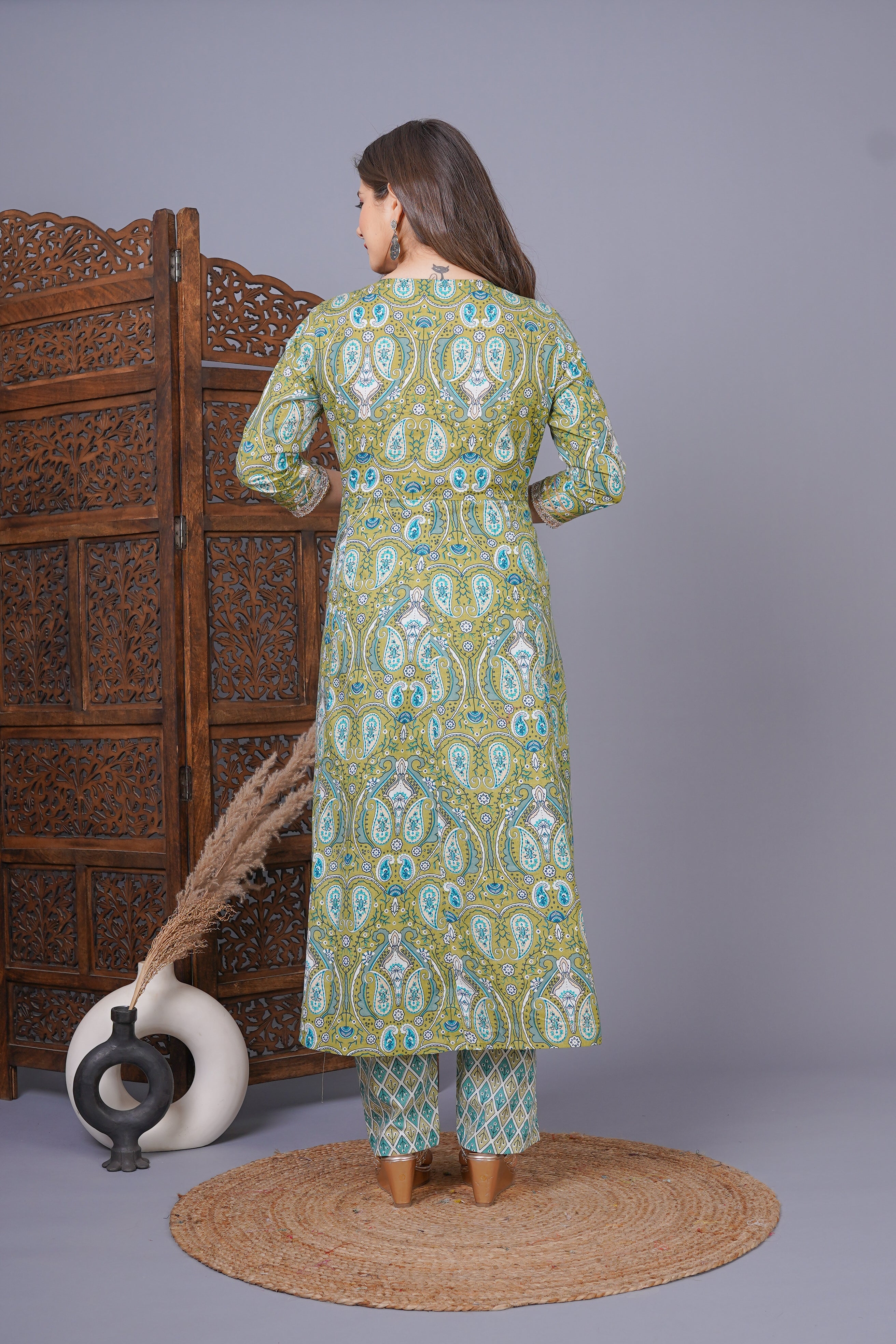 MEERA FAB Women's Cotton Printed Anarkali Kurta With Palazzo & Dupatta Set With Handwork