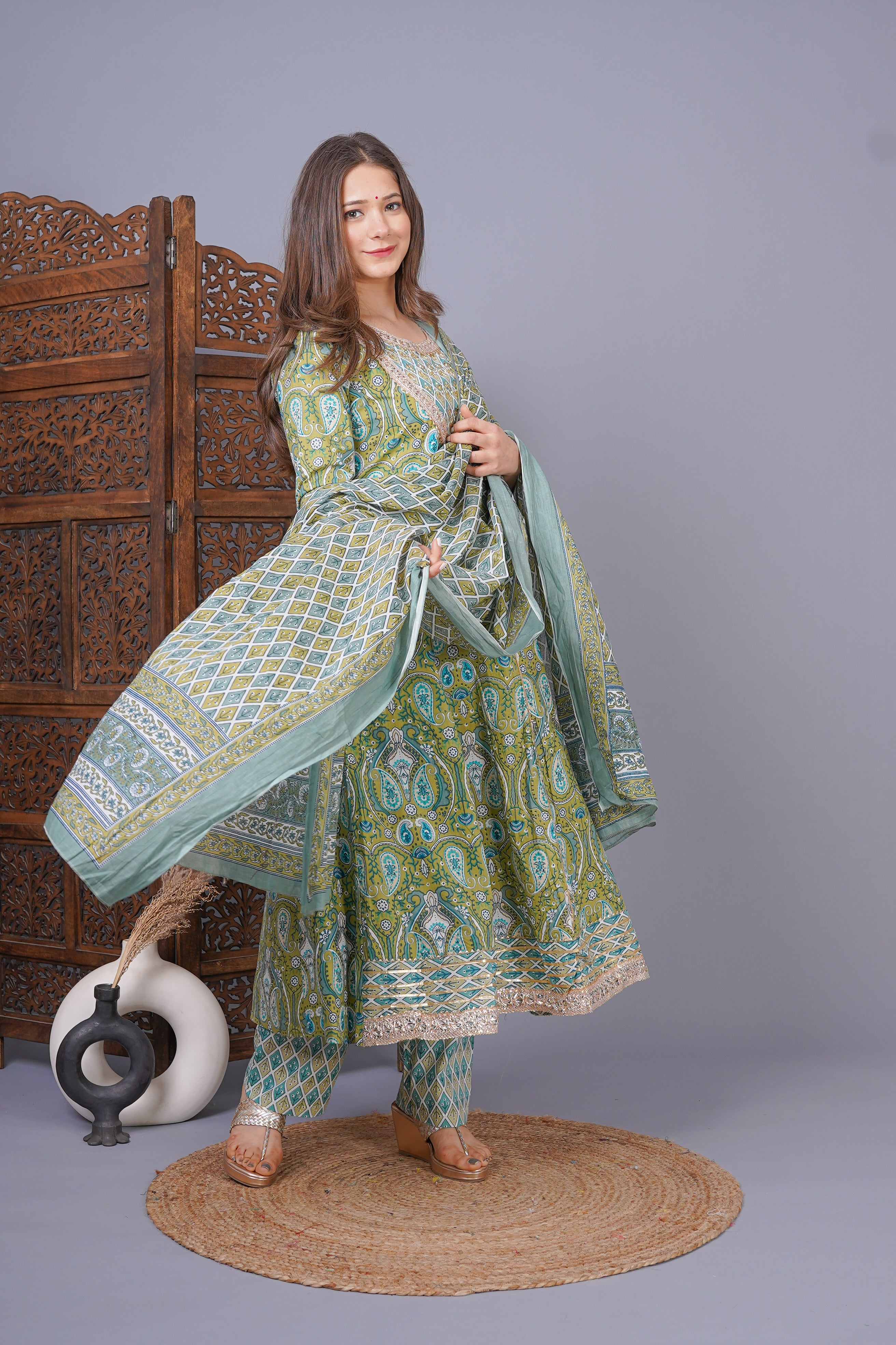 MEERA FAB Women's Cotton Printed Anarkali Kurta With Palazzo & Dupatta Set With Handwork