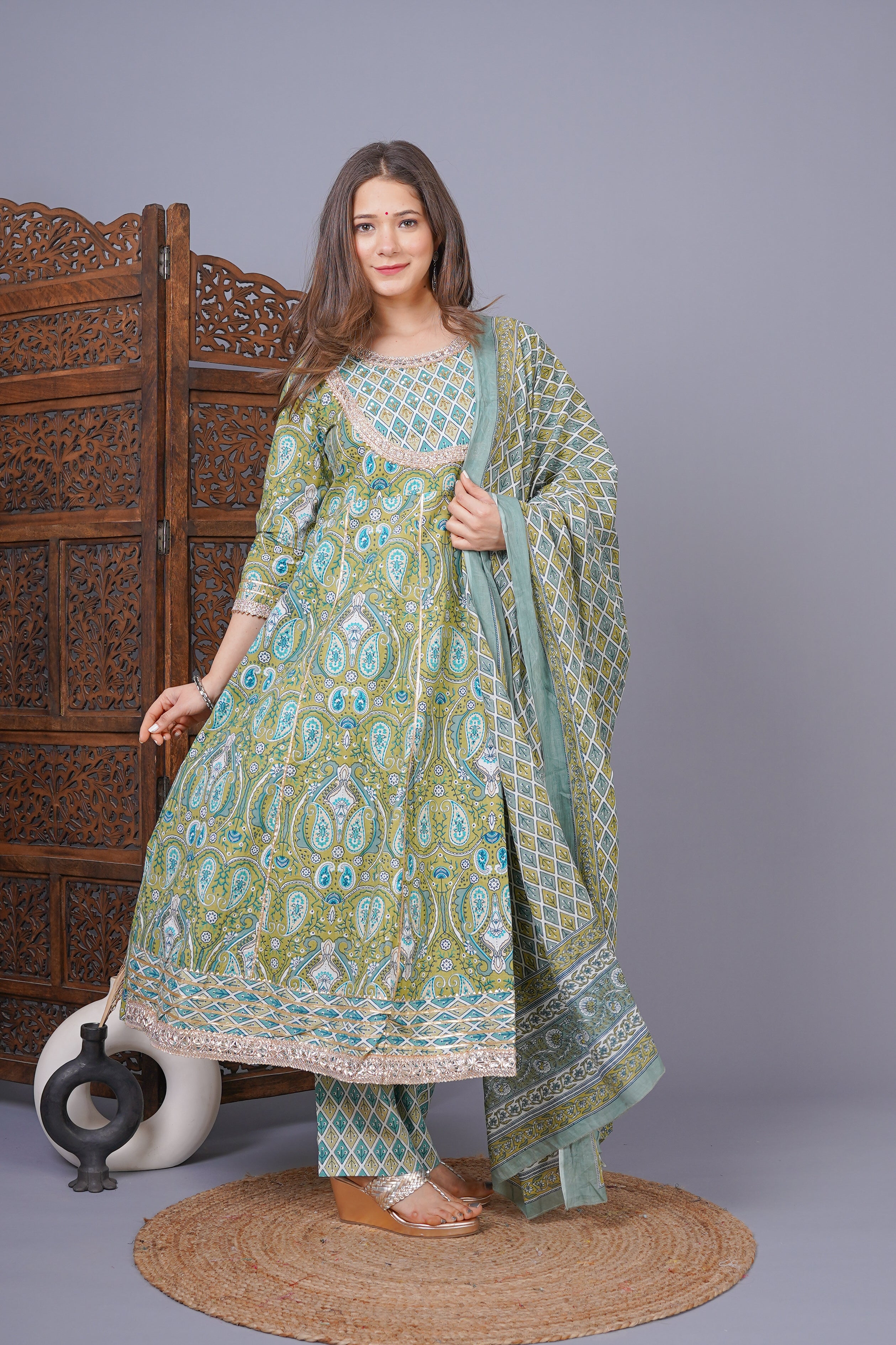 MEERA FAB Women's Cotton Printed Anarkali Kurta With Palazzo & Dupatta Set With Handwork