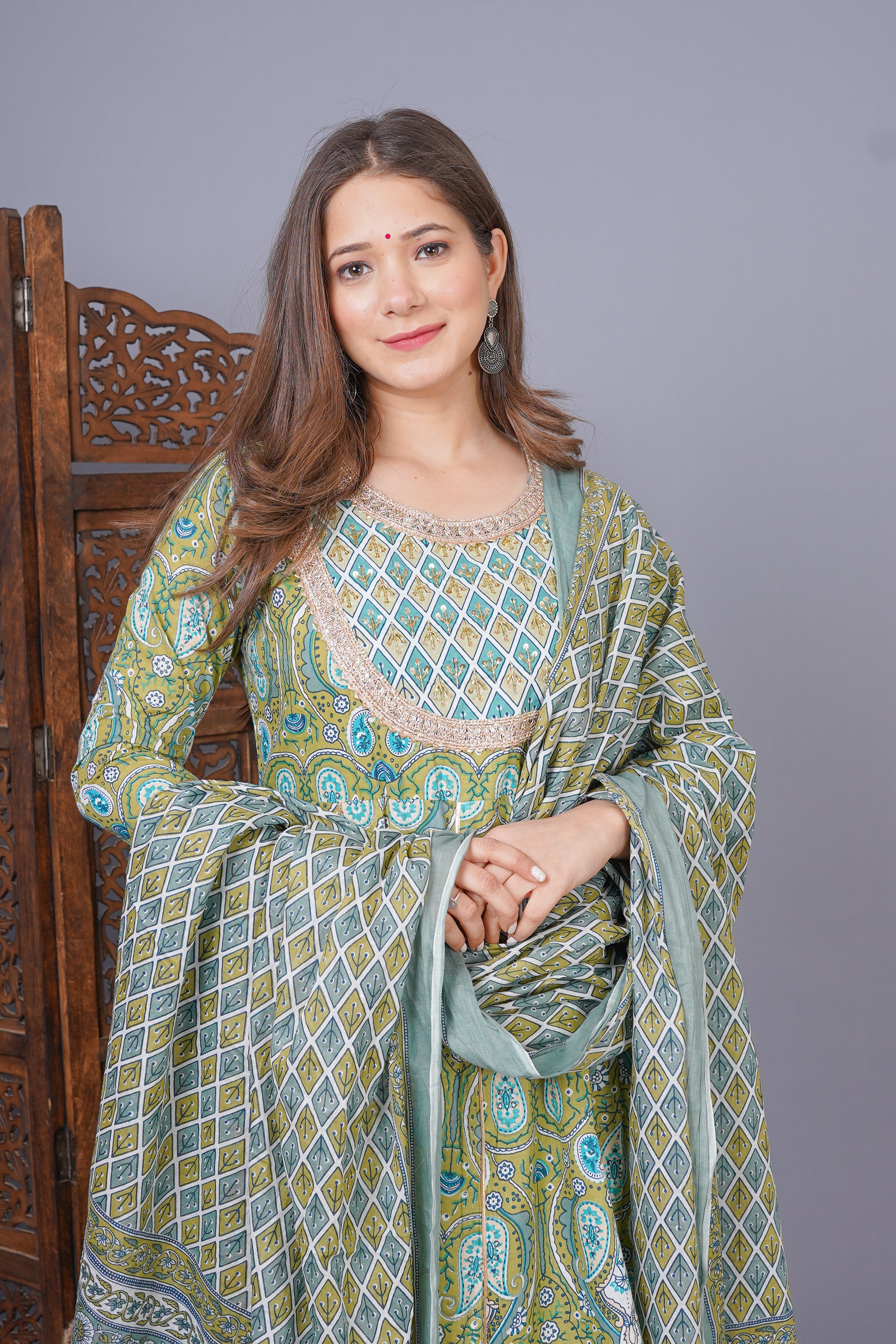 MEERA FAB Women's Cotton Printed Anarkali Kurta With Palazzo & Dupatta Set With Handwork