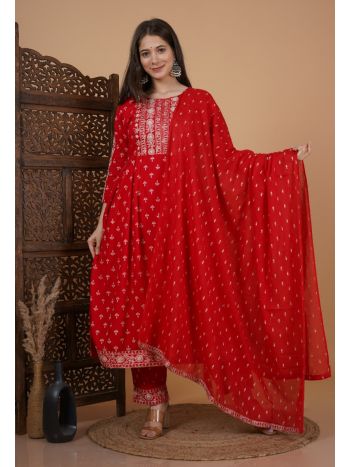 Women Printed Side Cut Kurta with Palazzo & Dupatta  RED MF-254
