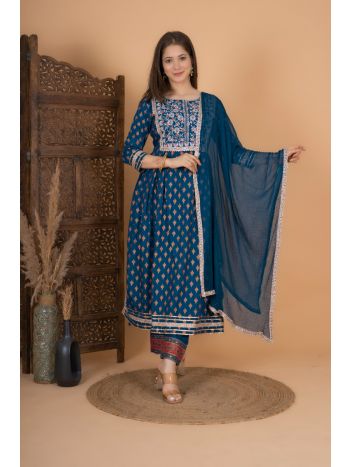 Women Rayon Printed Side Cut Kurta with Palazzo & Dupatta TEAL BLUE MF-244