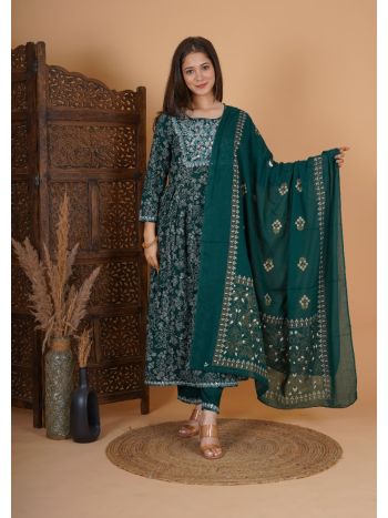 Women Rayon Embroidery Printed Side Cut Kurta with Palazzo & Dupatta GREEN MF-249