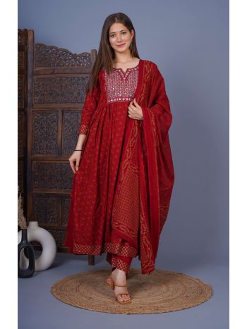 Women Printed Kurta with Palazzo & Dupatta MAROON MF-224