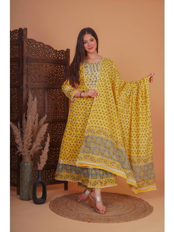 Women Printed Kurta with Palazzo & Dupatta YELLOW MF-241