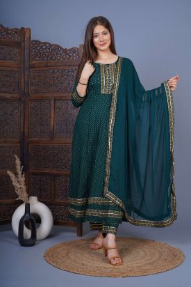 Women Printed Kurta with Palazzo & Dupatta DARK GREEN MF-231