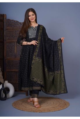 Women Printed Kurta with Palazzo & Dupatta BLACK MF-223