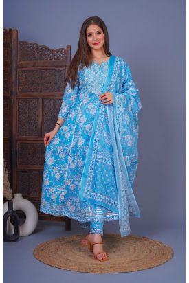 Women Printed Kurta with Palazzo & Dupatta SKY BLUE MF-233