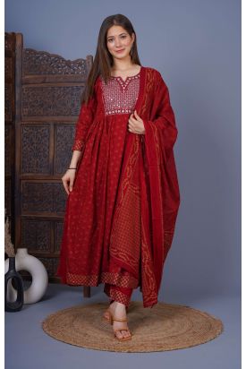 Women Printed Kurta with Palazzo & Dupatta MAROON MF-224