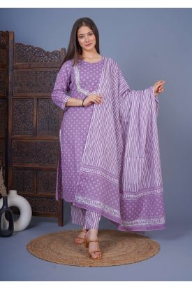 Women Printed Kurta with Palazzo & Dupatta LAVENDER MF-227
