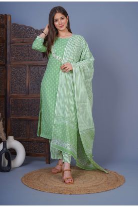 Women Printed Kurta with Palazzo & Dupatta LIGHT GREEN MF-229