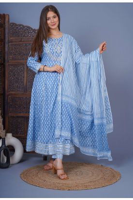 Women Printed Kurta with Palazzo & Dupatta LIGHT BLUE MF-237