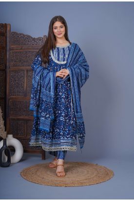 Women Printed Kurta with Palazzo & Dupatta DARK BLUE MF-230