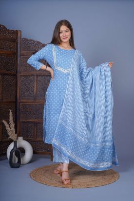 Women Printed Kurta with Palazzo & Dupatta SKY BLUE MF-228