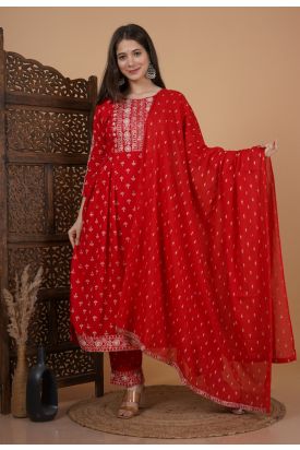 Women Printed Side Cut Kurta with Palazzo & Dupatta  RED MF-254