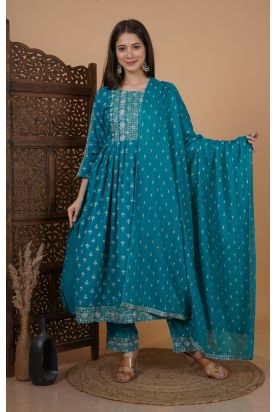 Women Printed Side Cut Kurta with Palazzo & Dupatta  RAMA GREEN MF-256