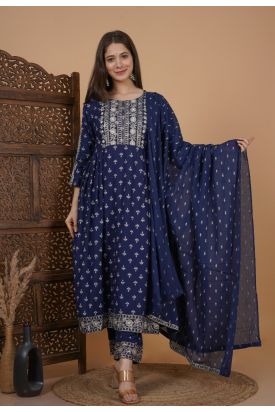 Women Printed Side Cut Kurta with Palazzo & Dupatta  NAVY BLUE MF-257