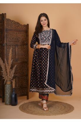 Women Rayon Printed Kurta with Palazzo & Dupatta BLACK MF-242