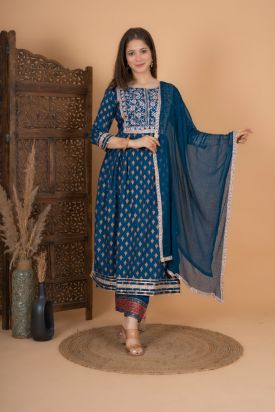 Women Rayon Printed Side Cut Kurta with Palazzo & Dupatta TEAL BLUE MF-244