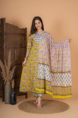 Women Cotton Printed Anarkali Kurta with Palazzo & Dupatta YELLOW MF-247