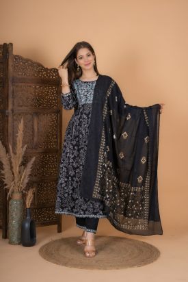 Women Rayon Printed Embrodriery Side Cut Kurta with Palazzo & Dupatta BLACK MF-248