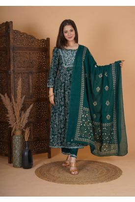 Women Rayon Embroidery Printed Side Cut Kurta with Palazzo & Dupatta GREEN MF-249