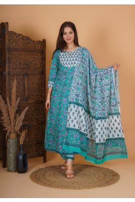 Women Cotton Printed Anarkali Kurta with Palazzo & Dupatta RAMA GREEN MF-246