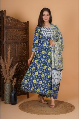 Women Cotton Printed Anarkali Kurta with Palazzo & Dupatta BLUE MF-245