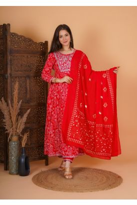 Women Rayon Embroidery Printed Side Cut Kurta with Palazzo & Dupatta RED MF-250