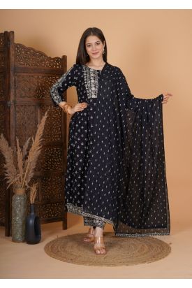 Women Printed Side Cut Kurta with Palazzo & Dupatta  BLACK MF-255