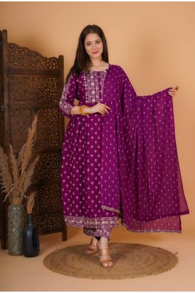 Women Printed Side Cut Kurta with Palazzo & Dupatta  LAVENDER MF-253