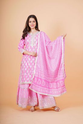 Women Printed Kurta with Palazzo & Dupatta PINK MF-207