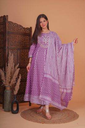 Women Printed Kurta with Palazzo & Dupatta LAVENDER MF-240
