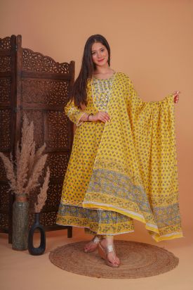 Women Printed Kurta with Palazzo & Dupatta YELLOW MF-241