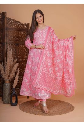Women Printed Kurta with Palazzo & Dupatta LIGHT PINK MF-235