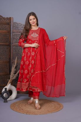 Women Printed Kurta with Palazzo & Dupatta MAROON MF-216