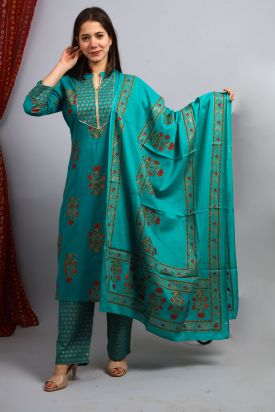 Women Printed Kurta with Palazzo & Dupatta GREEN MF-162