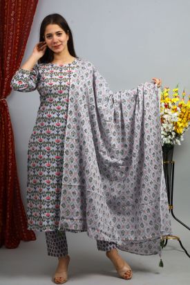 Women Printed Kurta with Palazzo & Dupatta LIGHT GREY MF-164