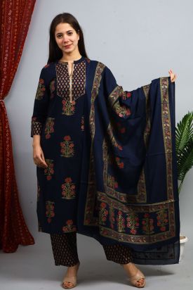 Women Printed Kurta with Palazzo & Dupatta DARK BLUE MF-163