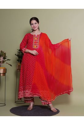 Women Printed Kurta with Palazzo & Dupatta RED MF-203