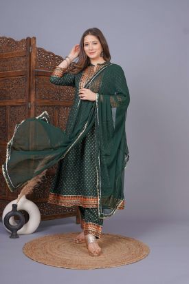 Women Printed Kurta with Palazzo & Dupatta BOTTLE GREEN MF-210