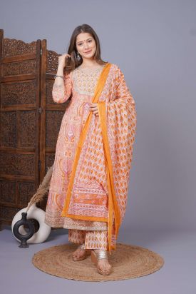 Women Printed Kurta with Palazzo & Dupatta ORANGE MF-213