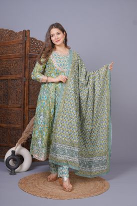 Women Printed Kurta with Palazzo & Dupatta  GREEN MF-212