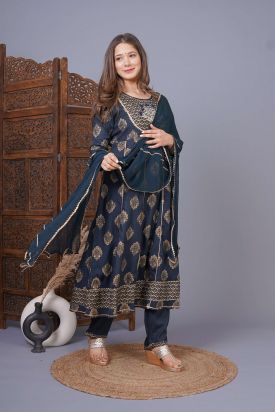 Women Printed Kurta with Palazzo & Dupatta GREY  MF-215