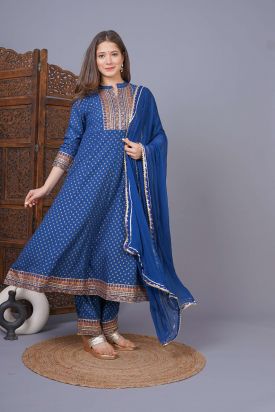 Women Printed Kurta with Palazzo & Dupatta TEAL BLUE MF-209